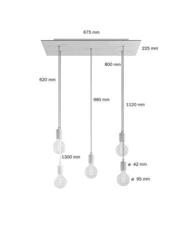 5-flammige Pendelleuchte mit rechteckigem XXL Rose-One 675 mm komplett mit Textilkabel und Beschichtungen aus Metall