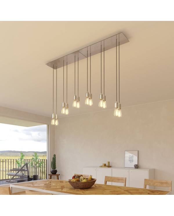 6-light pendellampe med 675 mm rektangulær XXL Rose-One, med stofkabel og metalfinish