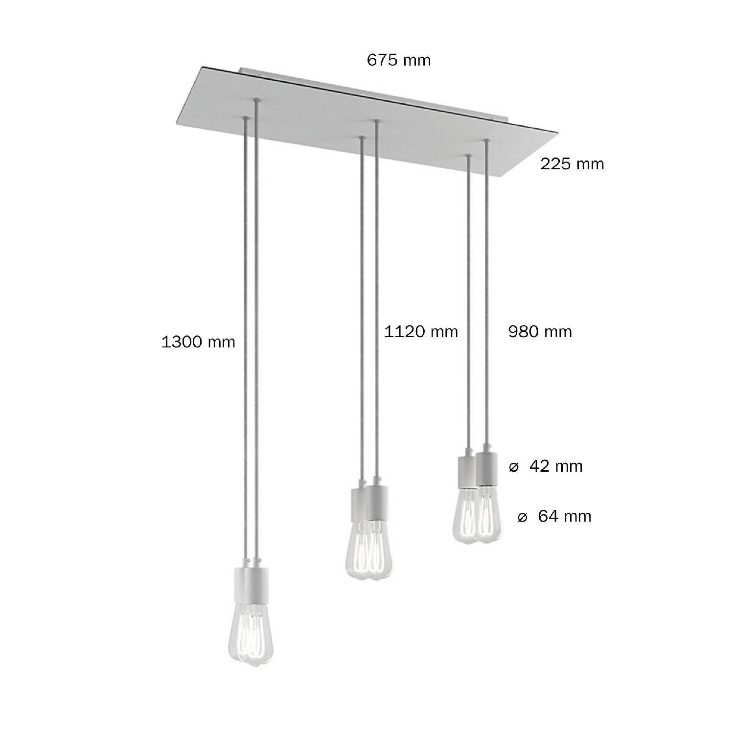 6-light pendellampe med 675 mm rektangulær XXL Rose-One, med stofkabel og metalfinish