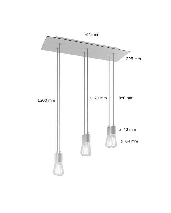 6-light pendellampe med 675 mm rektangulær XXL Rose-One, med stofkabel og metalfinish