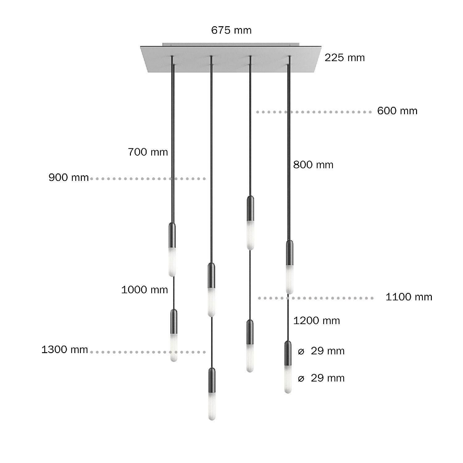 8-lys pendel lampe med 675 mm rektangulær XXL Rose-One, med stof kabel og metal finishes