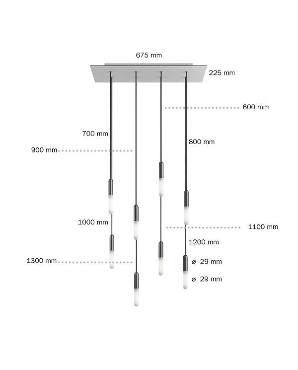 8-lys pendel lampe med 675 mm rektangulær XXL Rose-One, med stof kabel og metal finishes