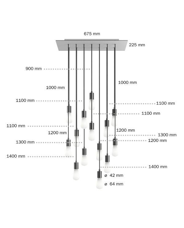 14-lys pendel lampe med 675 mm rektangulær XXL Rose-One, med stof kabel og metal finishes