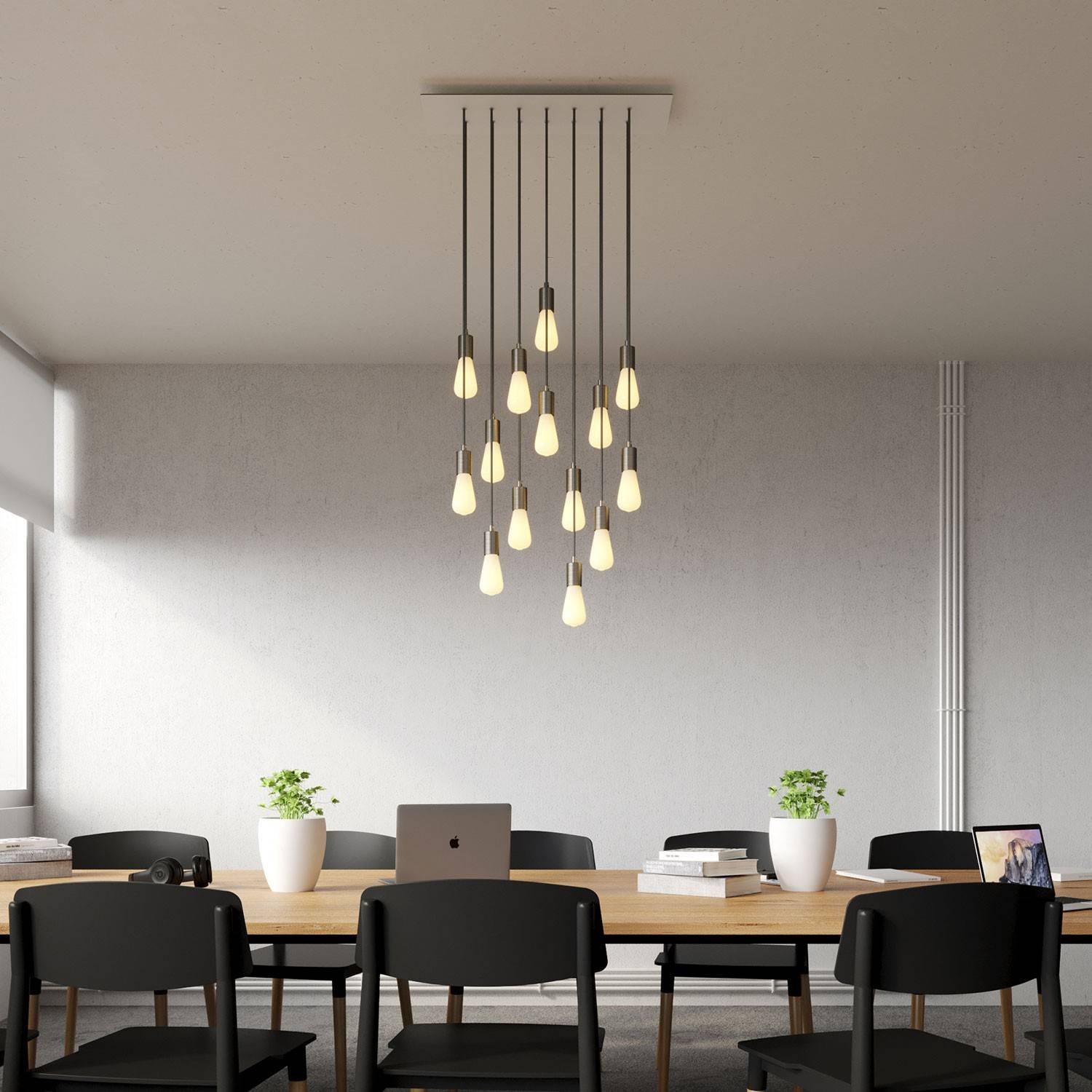 14-lys pendel lampe med 675 mm rektangulær XXL Rose-One, med stof kabel og metal finishes