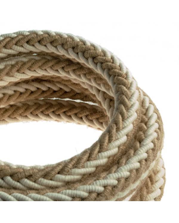 2XL gedraaid touw van jute en ruw wit katoen, 2x0,75 elektrische kabel. Diameter 24mm.