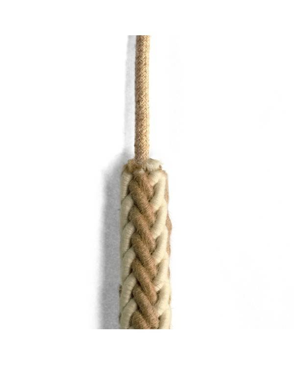 2XL gedraaid touw van jute en ruw wit katoen, 2x0,75 elektrische kabel. Diameter 24mm.