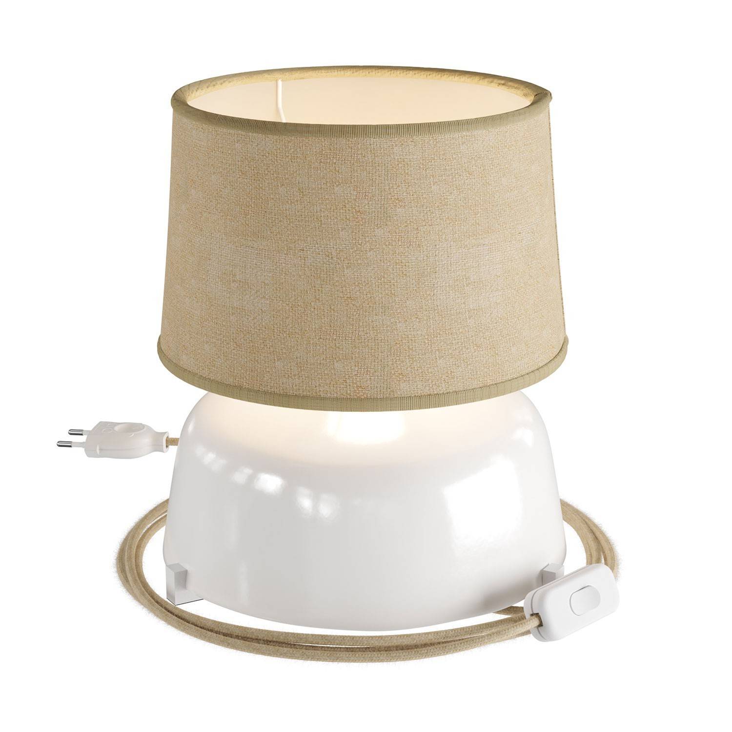 Lampa de masă ceramică Coppa cu abajur Athena, completă cu cablu textil, comutator și fișă cu 2 pini.