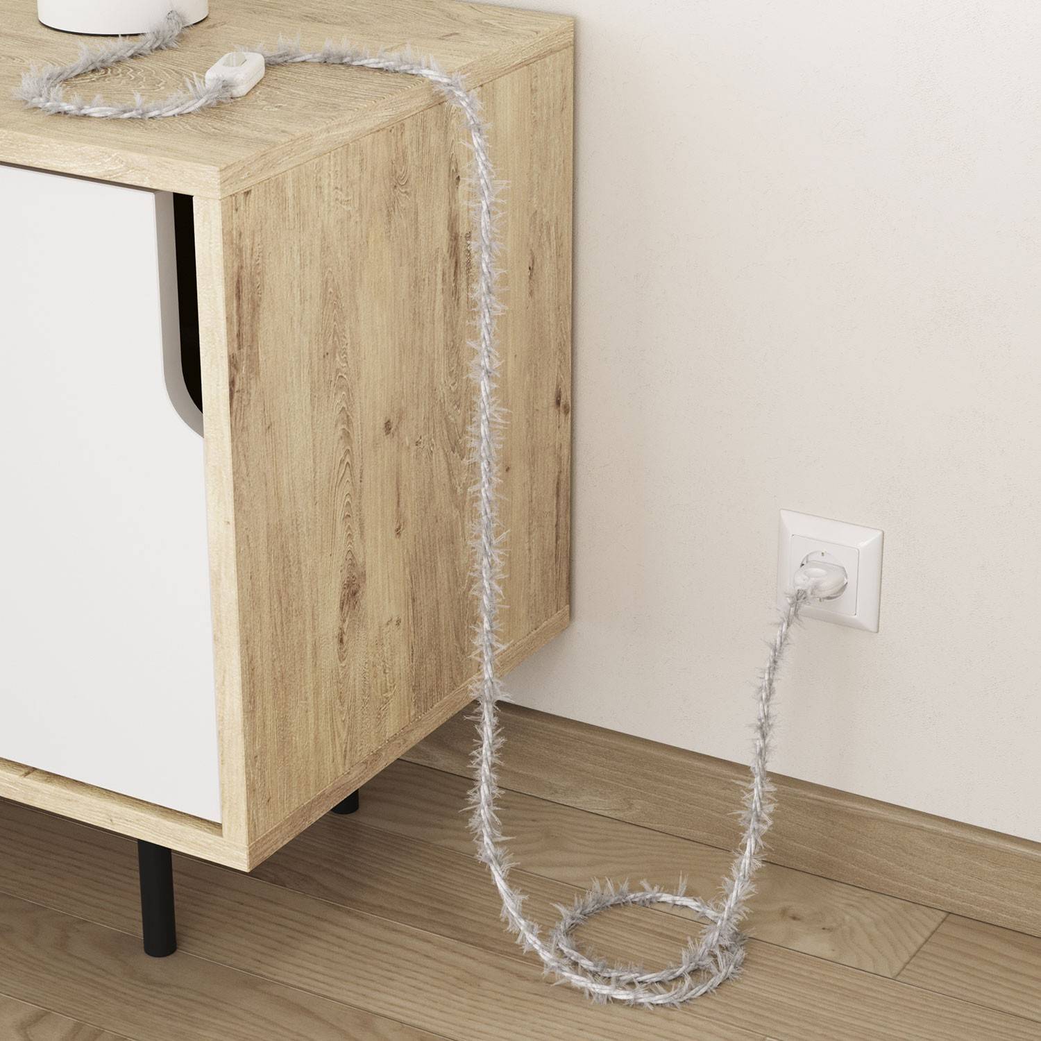 Cable eléctrico trenzado Marlene revestido en tejido efecto Furry Blanco TP01