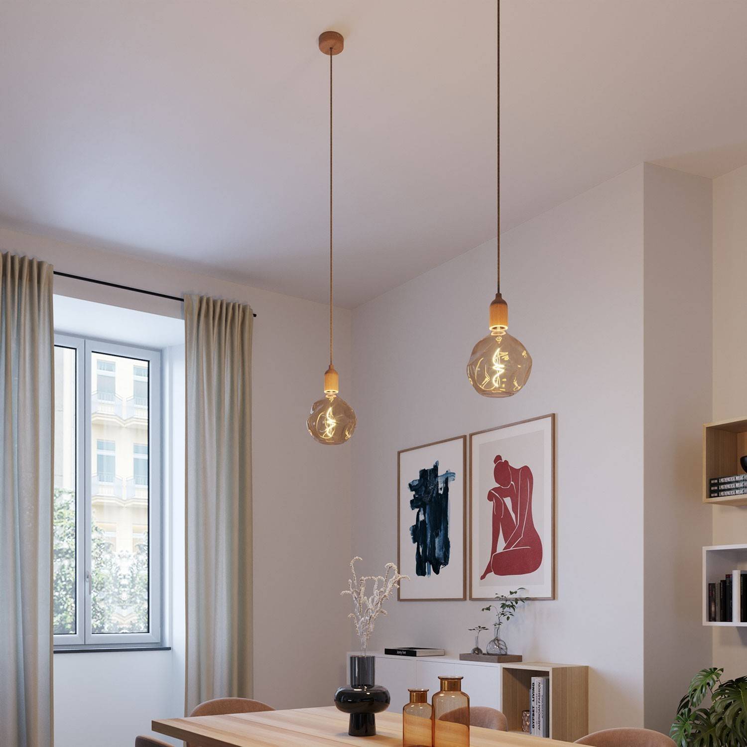 Pendant light Made in Italy complete with fabric cable and wood finishing