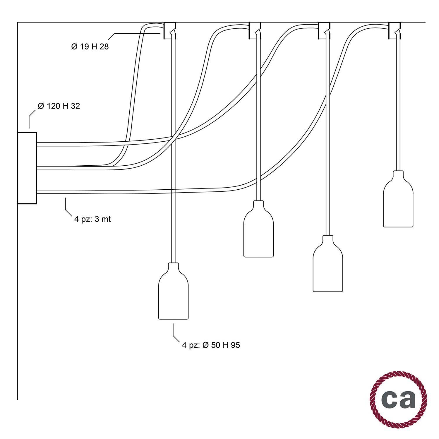 Lampă păianjen - lustră cu patru căderi multiple produsă în Italia, completată cu cablu textil și finisaj din lemn