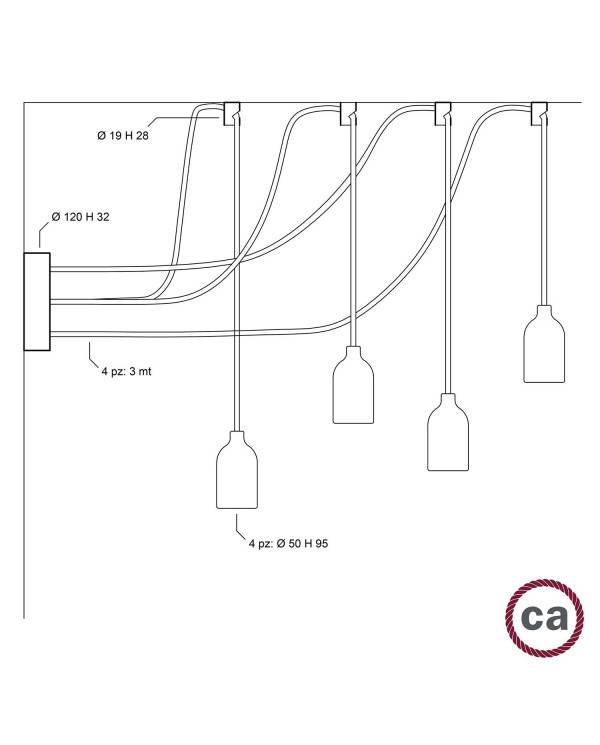 Lampă păianjen - lustră cu patru căderi multiple produsă în Italia, completată cu cablu textil și finisaj din lemn