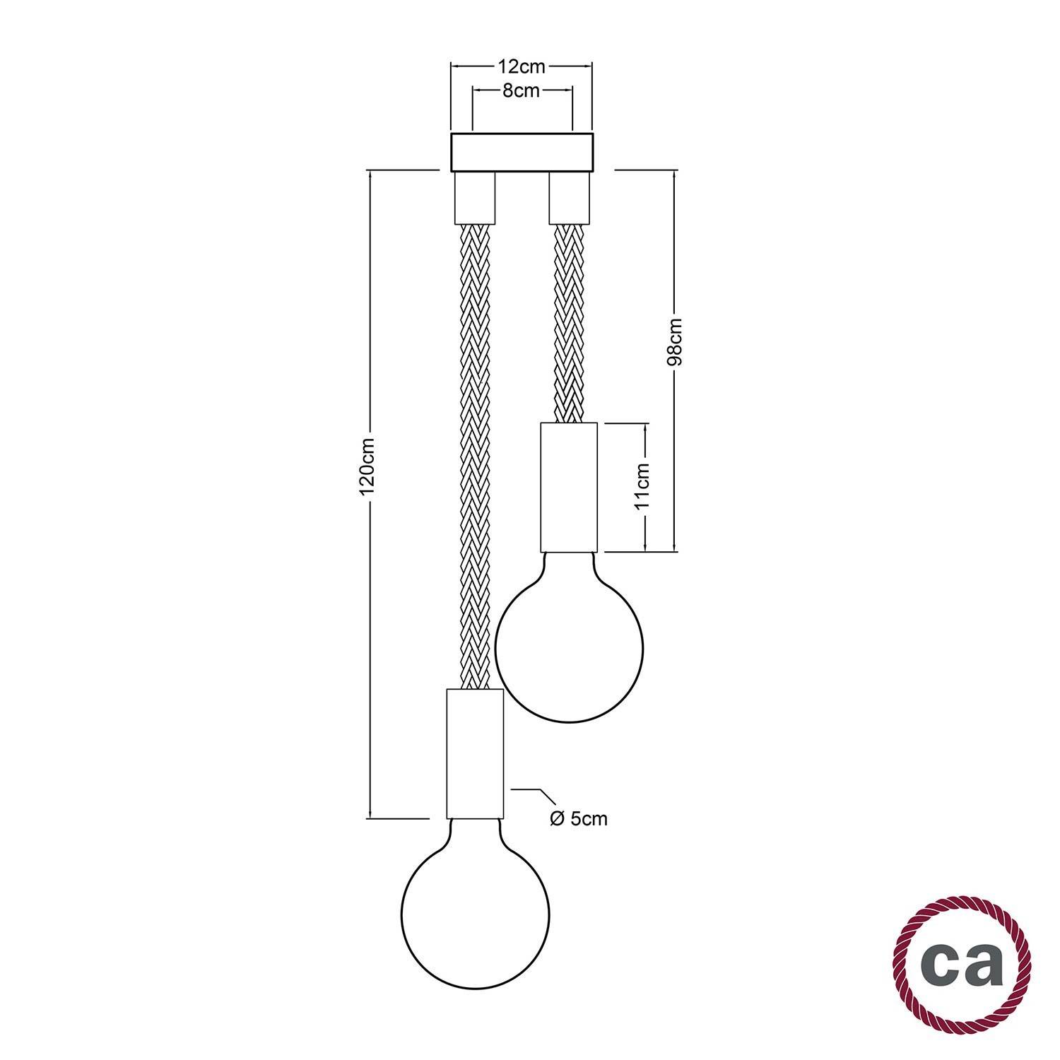 Hanglamp met 2 lichtpunten, compleet met touw 2XL en houten afwerkingen