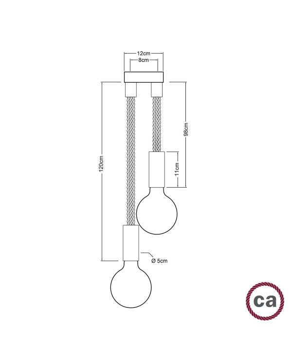 Plafonieră cu două lămpi suspendate, completă cu cablu din sfoară de dimensiune 2XL și finisaj din lemn.