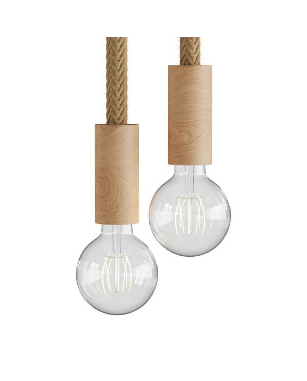 Hanglamp met 2 lichtpunten, compleet met touw 2XL en houten afwerkingen