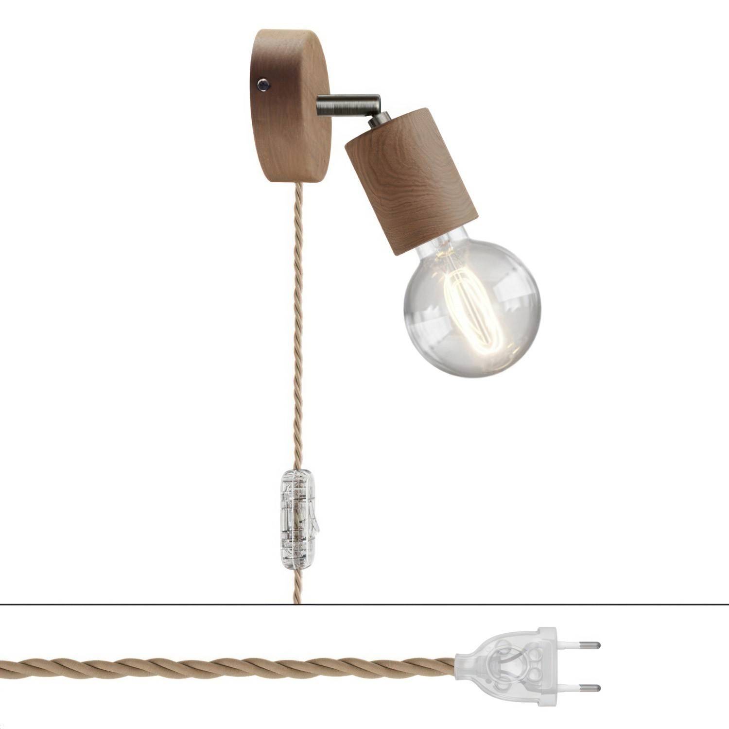 Spostaluce, nástěnná dřevěná lampa s nastavitelným kovovým kloubem, vypínačem a zástrčkou