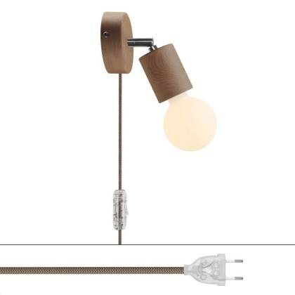 Spostaluce, nástěnná dřevěná lampa s nastavitelným kovovým kloubem, vypínačem a zástrčkou
