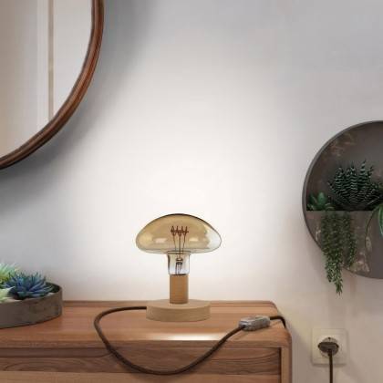 Lampa de masă din lemn cu aspect de ciupercă Posaluce, cu priză cu două pini.